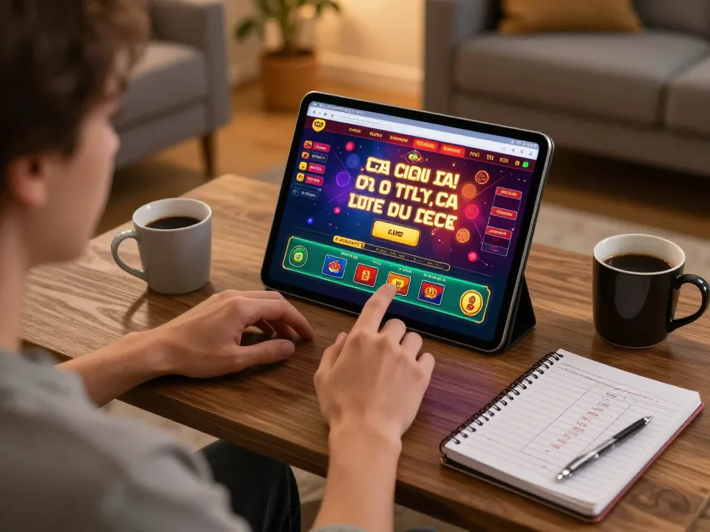 Engaging with online casino games on a tablet at home, focusing on okwin68.
