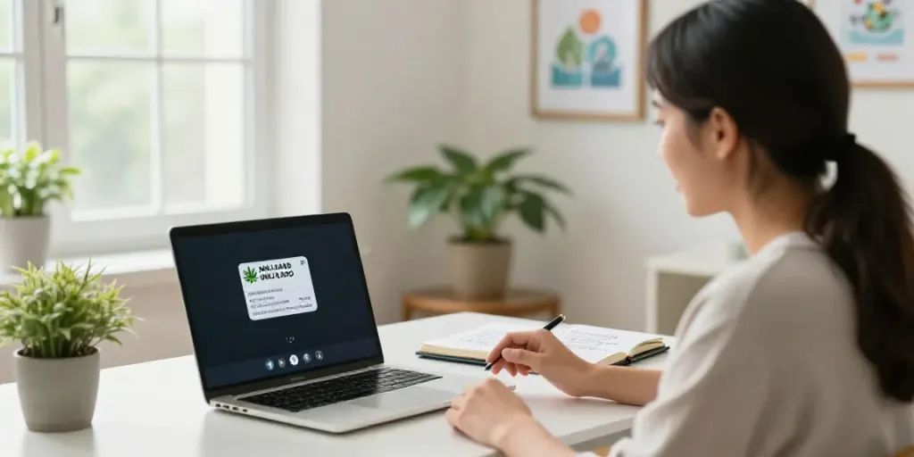 Consultation for an MMJ card online in a cozy home office with a laptop and plants.