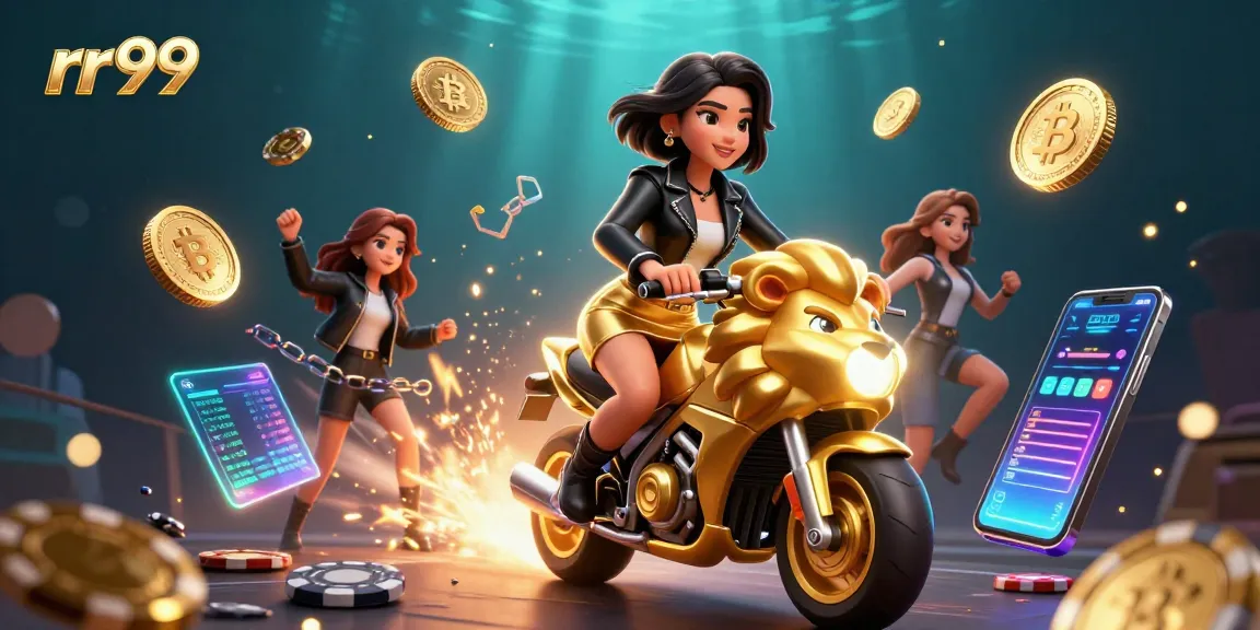 Experience thrilling action at rr99 with an Asian woman riding a golden lion mascot amidst casino magic.