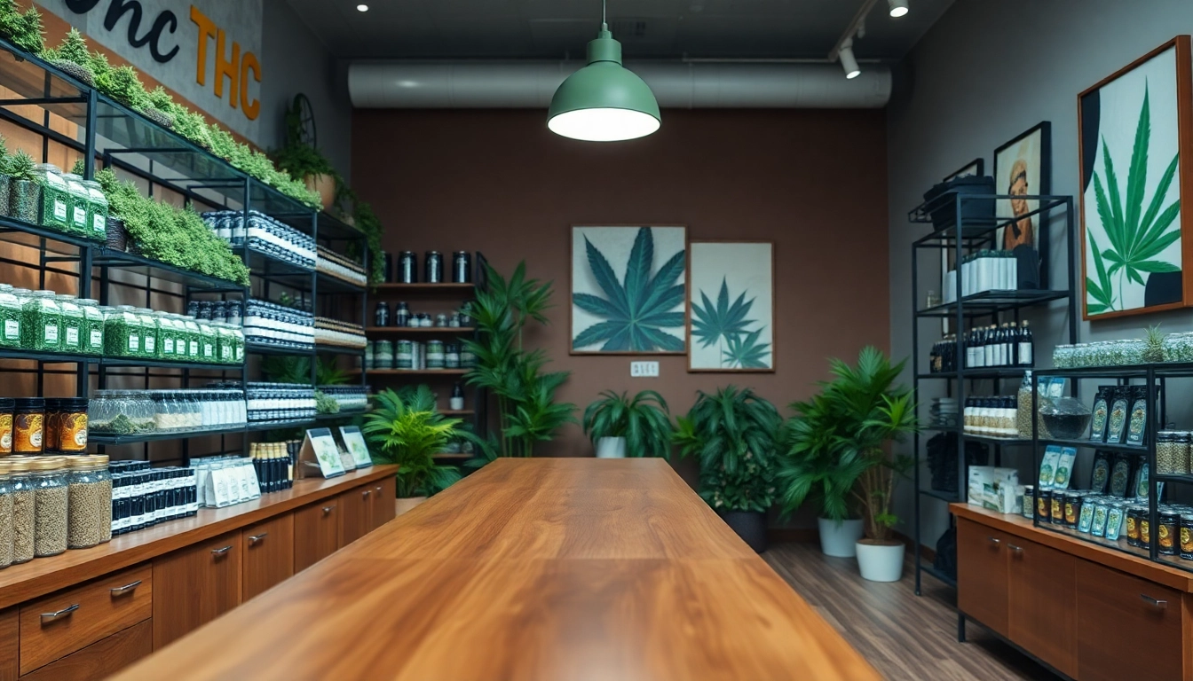 Explore a modern THC Shop filled with organized cannabis products, creating a welcoming atmosphere.