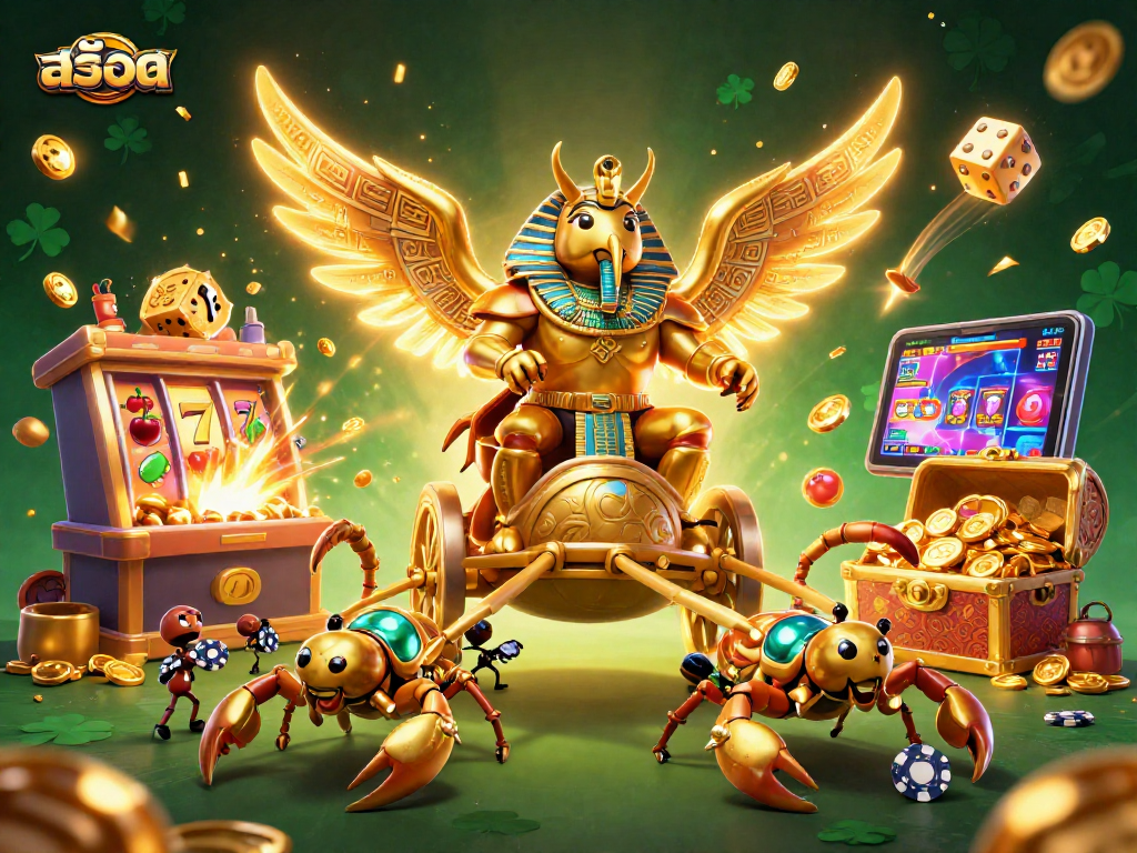 Spin the reels of สล็อต with vibrant casino symbols and characters in a dynamic 3D scene.