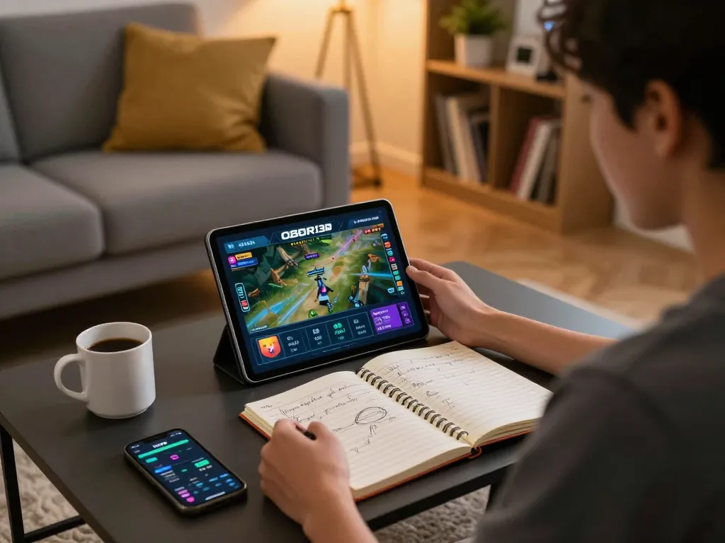 Engaged player exploring situs gacor options on tablet while tracking strategies in cozy home setting.