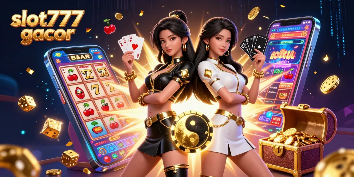 Experience the thrilling ambiance of slot777 gacor with twin Asian women celebrating as casino elements explode in rich detail.