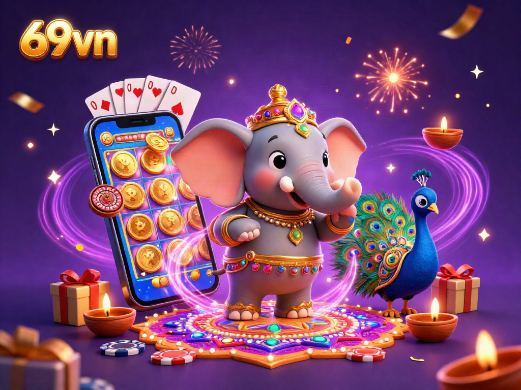 Engage with the vibrant gaming experience of 69vn illustrated through colorful characters and dynamic casino elements.