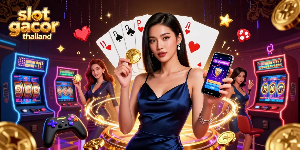 Experience slot gacor thailand with a stunning woman showcasing casino elements and vibrant details.