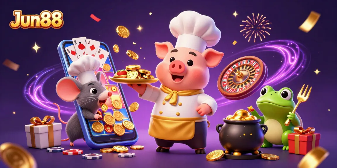 Join Jun88's exciting casino world with chefs serving golden delights and festive games.