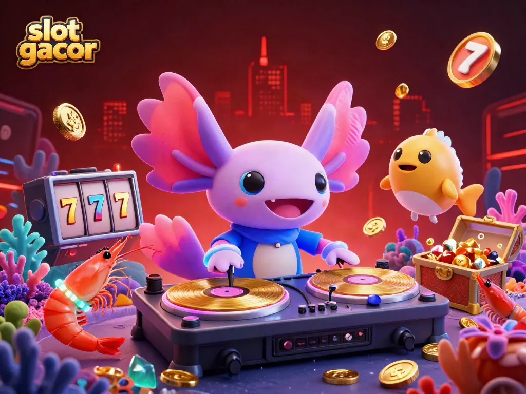 Slot gacor memikat dengan DJ axolotl neon dan pemain hoki di dunia kasino.