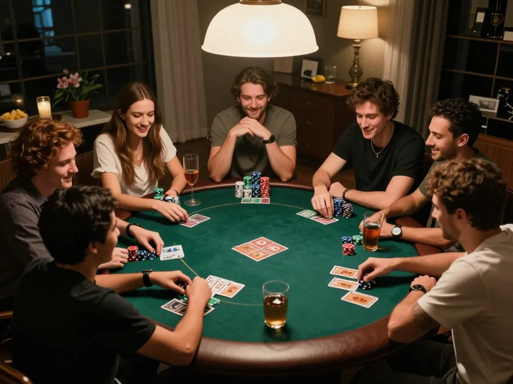 topgamebai players engaging in a friendly poker game with chips and cards at a warm-lit home