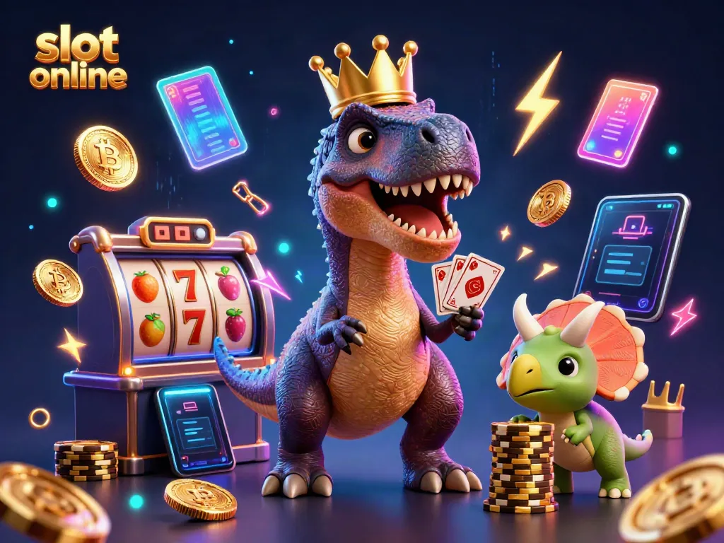 Menggoda keberuntungan dengan slot online, dinosaurus mengocok kartu dan menumpuk chip emas.