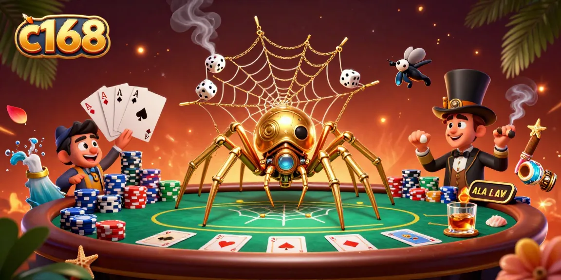 Engage with the thrilling world of c168, showcasing a playful steampunk spider entangling dice in a vibrant casino setting.