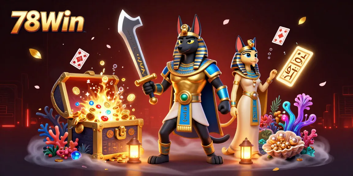 Spin to win with 78Win's vibrant casino digital art of Anubis and Bastet amid treasure.