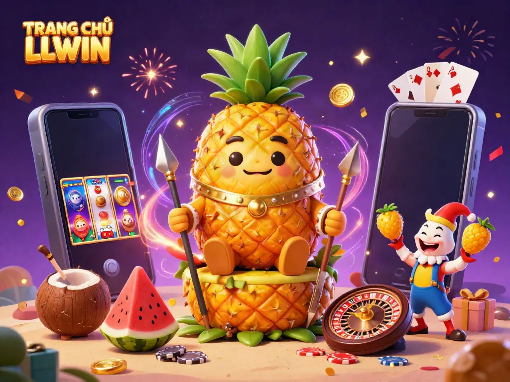 Experience the excitement at TRANG CHỦ LLWIN with a vibrant casino scene featuring the pineapple king and gaming elements.