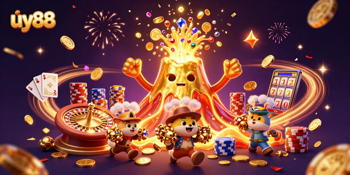 Engage in thrilling gameplay at uy88 with golden coins cascading from a victorious volcano amidst vibrant casino elements.