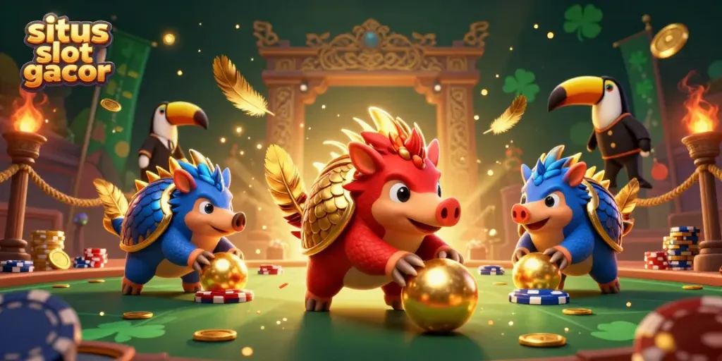 Menggulung bola emas di situs slot gacor, dua pangolin lucu beraksi di arena judi.