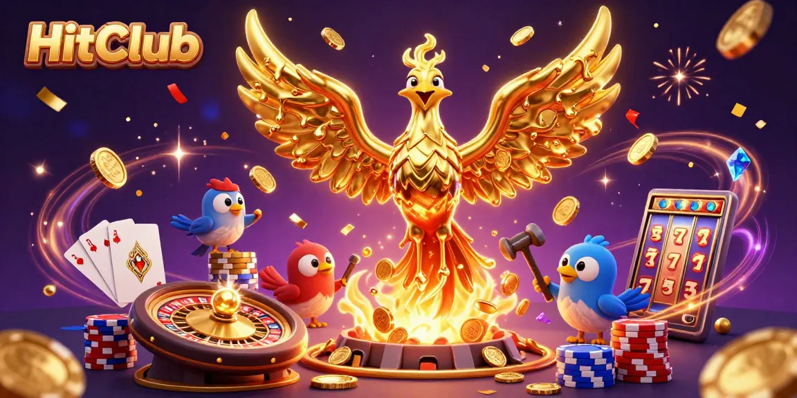 HitClub engages players with golden phoenix and dynamic casino elements in a stunning 3D illustration.