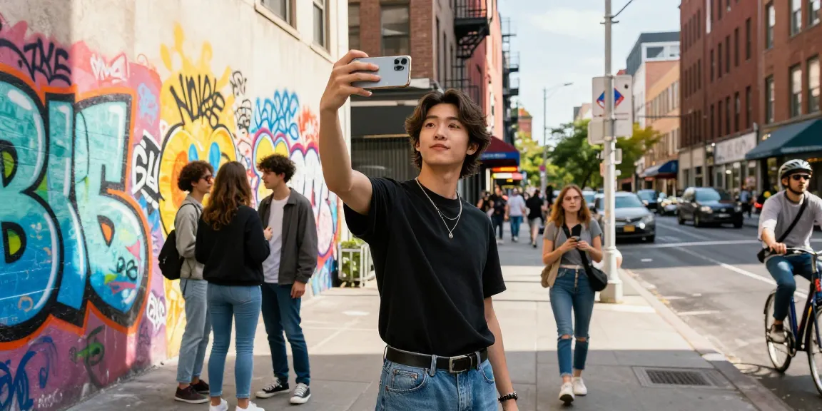 インスタグラムフォロワーを購入するための都市生活を楽しむインフルエンサーの写真、賑やかなストリートでの自撮り。