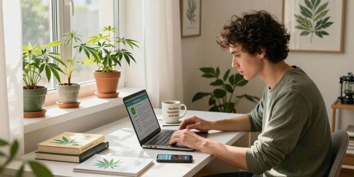 Researching medical marijuana card options in a cozy home office setup with wellness books and natural light.