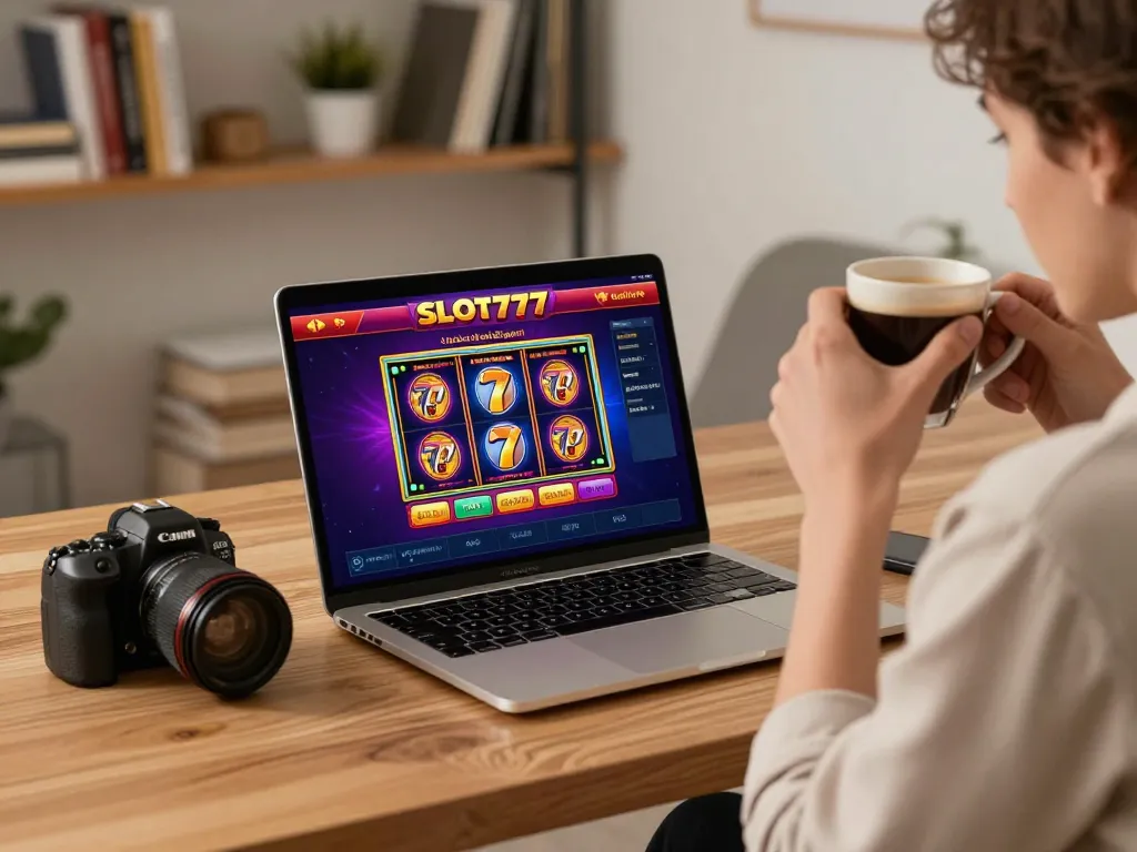 Playing slot gacor 777 on laptop at cozy home workspace with coffee and books.