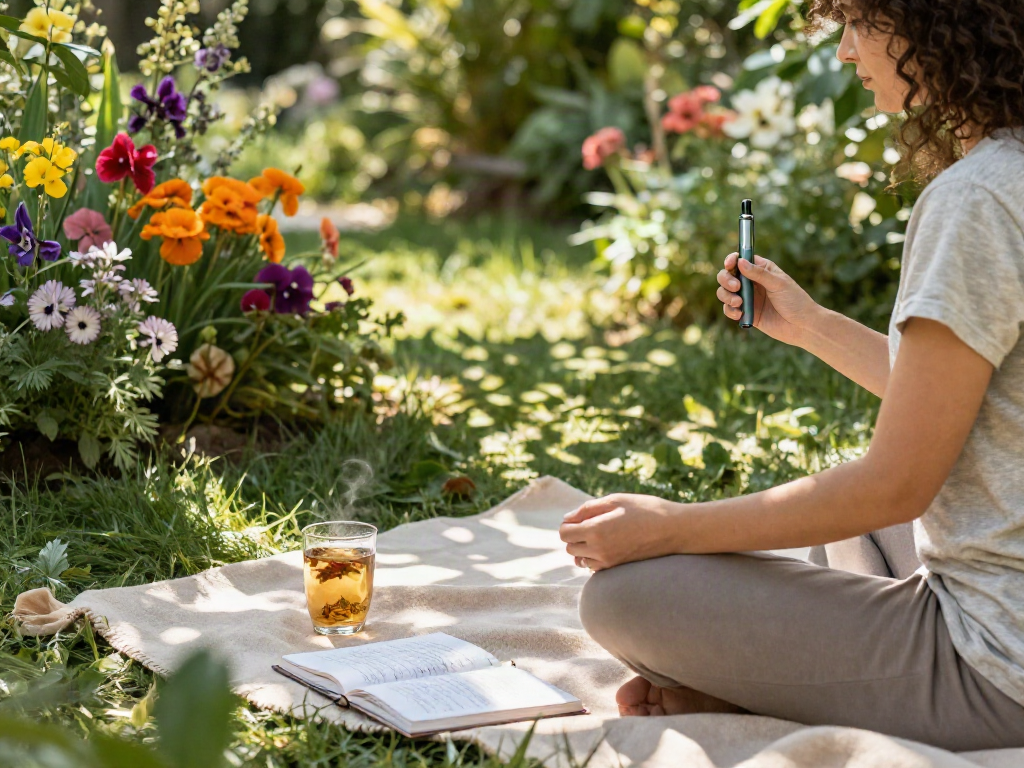 Enjoying a muha meds disposable vape pen during a serene outdoor wellness moment, surrounded by nature and calming herbs.
