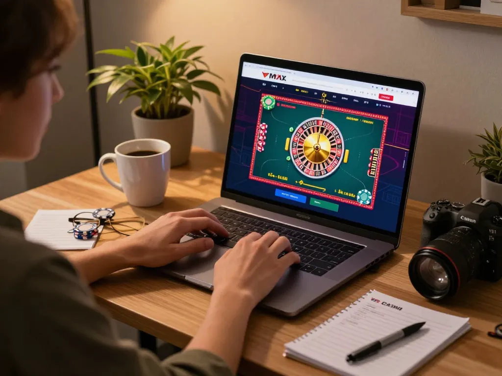 Engaging in online gaming at Vmax with exciting roulette action displayed on the laptop screen.