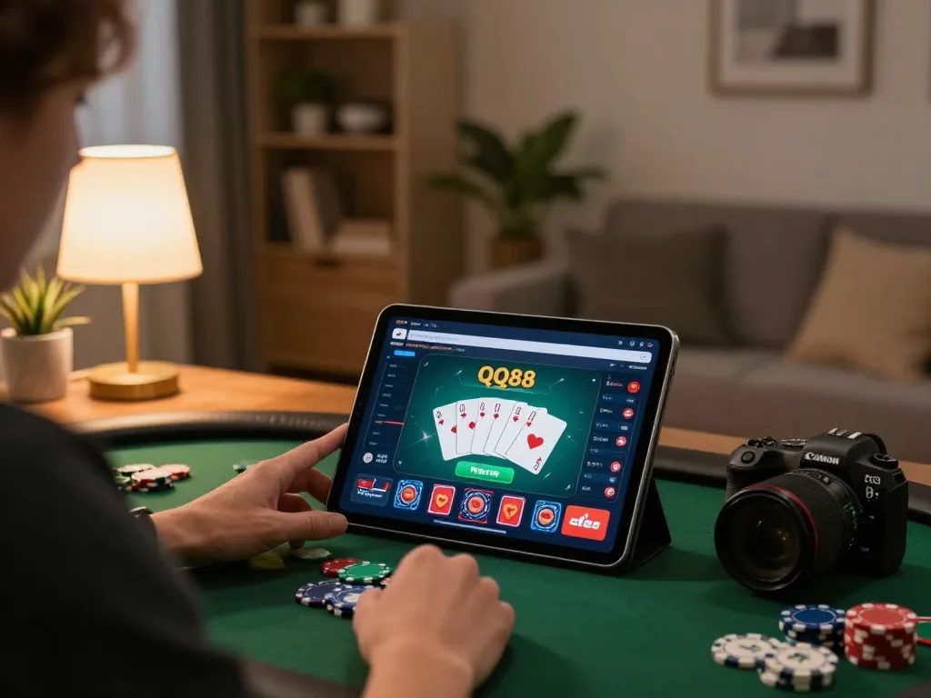 Player engaging with the QQ88 app on a tablet in a cozy home setting, enjoying online gambling