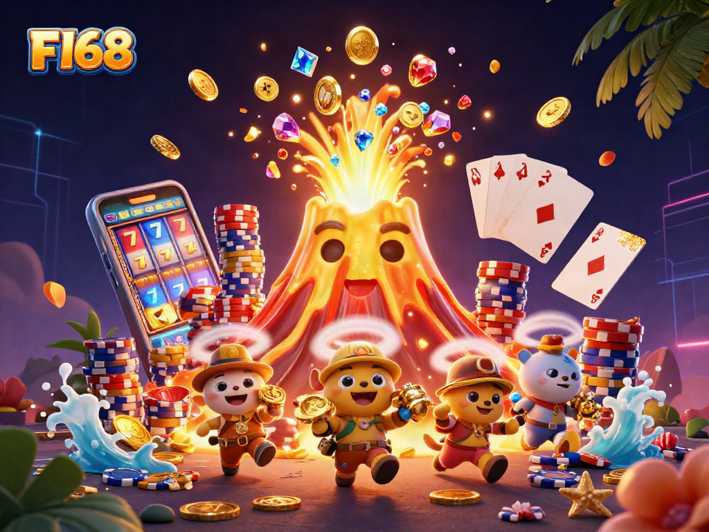 Experience the thrill of F168 as a golden volcano erupts with treasure amidst vibrant casino elements.