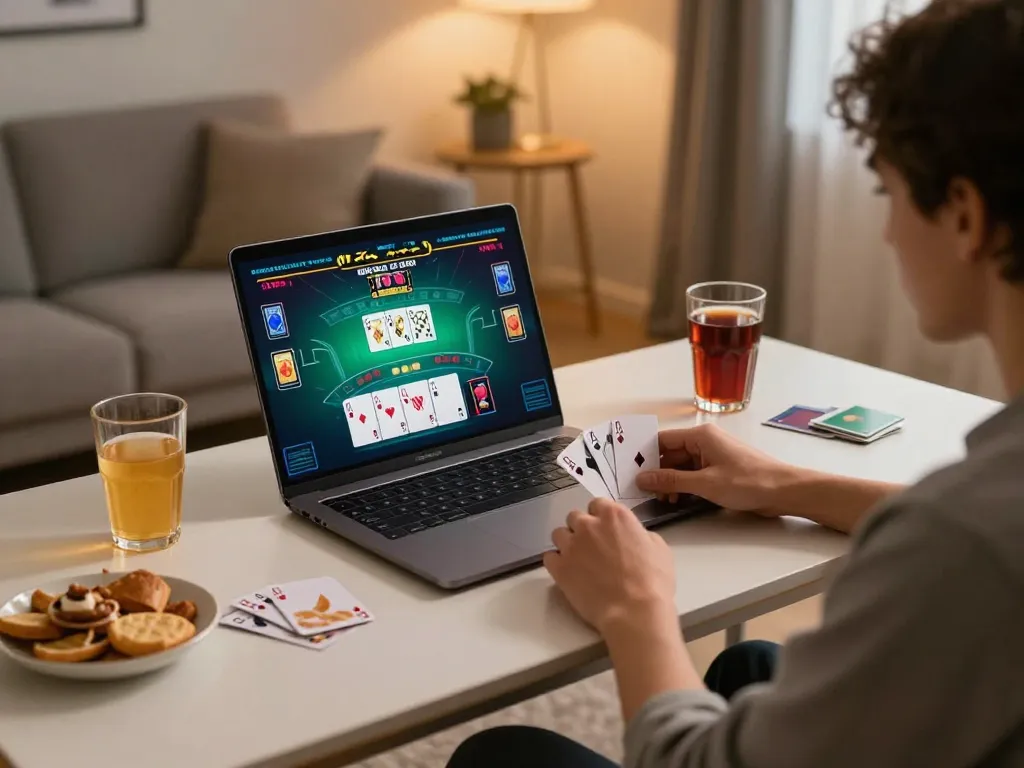 Betbet player engaging with an online blackjack game in a cozy home setting, illustrating responsible gambling.