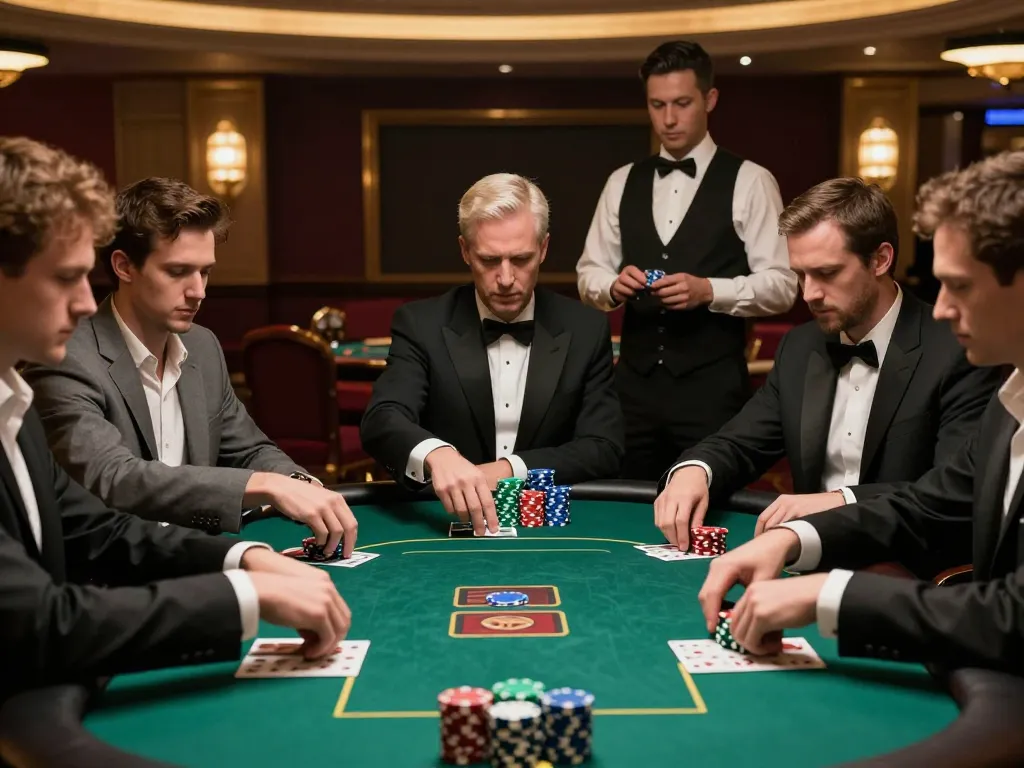 Engaged players at a qq8827 poker game strategy session, dramatic casino atmosphere.