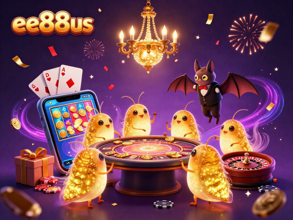 Experience the thrill of ee88us with a vibrant casino scene featuring glowworms and a bat dealer.
