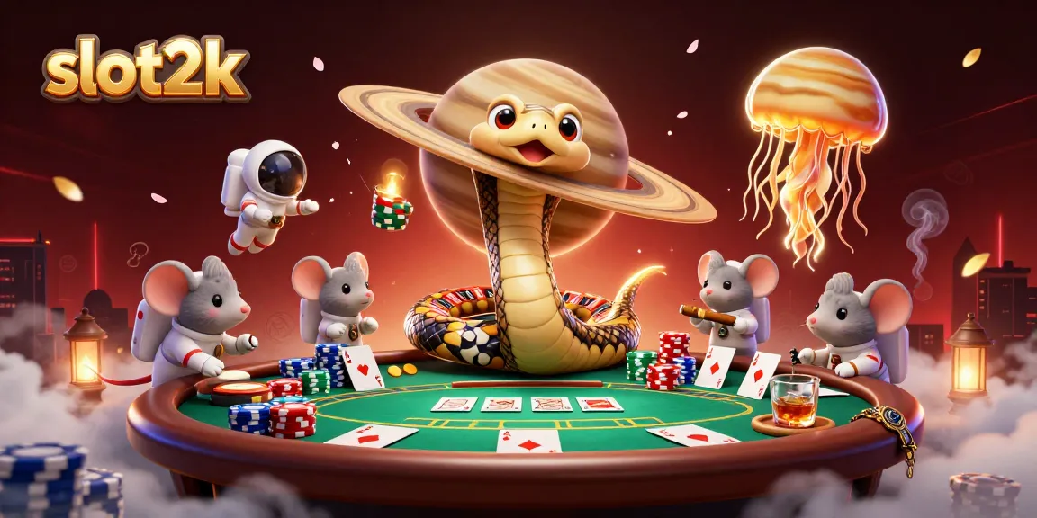 Experience thrilling gameplay and wins at slot2k with a vibrant 3D casino scene featuring unique characters.