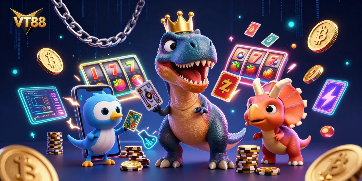VT88 showcases a lively party with T-Rex, Pterodactyl, and Triceratops engaging in casino games