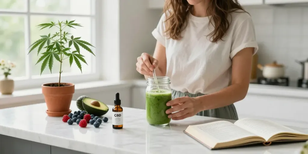 Top 10 shatter strains in Canada highlighted with a wellness scene featuring CBD oil, fresh hemp, and healthy ingredients in a bright kitchen.