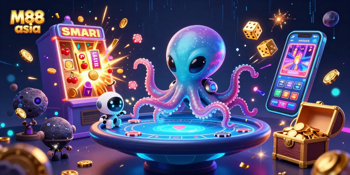M88 asia showcases thrilling online gambling with an exciting 3D alien octopus at a poker table.