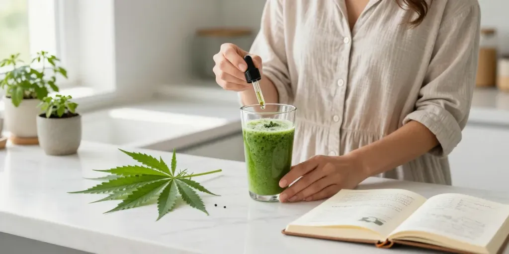 Buds UK: Premium CBD oil tincture amidst fresh hemp ingredients in a wellness kitchen.