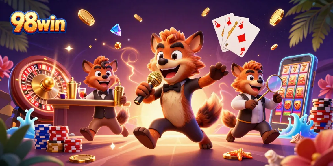 Experience thrilling gaming moments with 98win at this vibrant casino scene featuring dynamic characters.