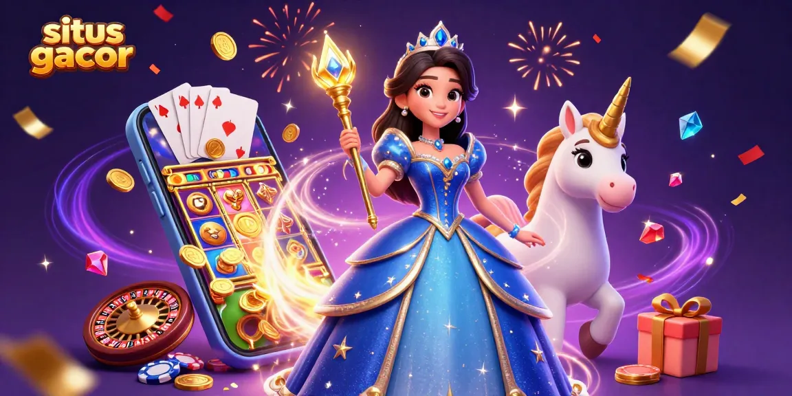 Engage with situs gacor, featuring a whimsical scene of a royal woman and unicorn surrounded by vibrant casino elements.
