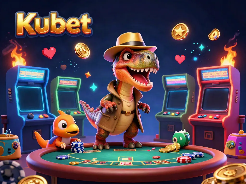 Kubet welcomes players with a vibrant 3D casino scene featuring a clever velociraptor card counter at the blackjack table.