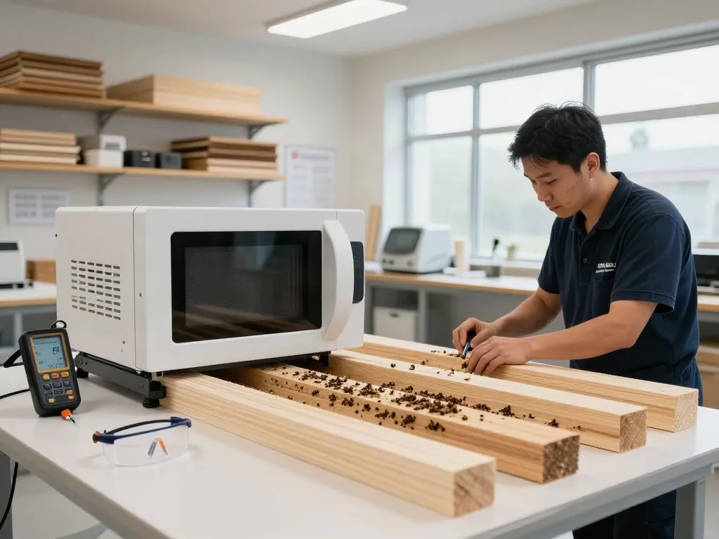 SHASHEL® microwave equipment effectively treating wood for beetle infestations in a professional workshop setting.