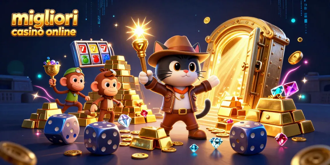 Impegnati con i migliori casinò online attraverso un'avventura emozionante alla ricerca di tesori in una vivace scena di casinò 3D.