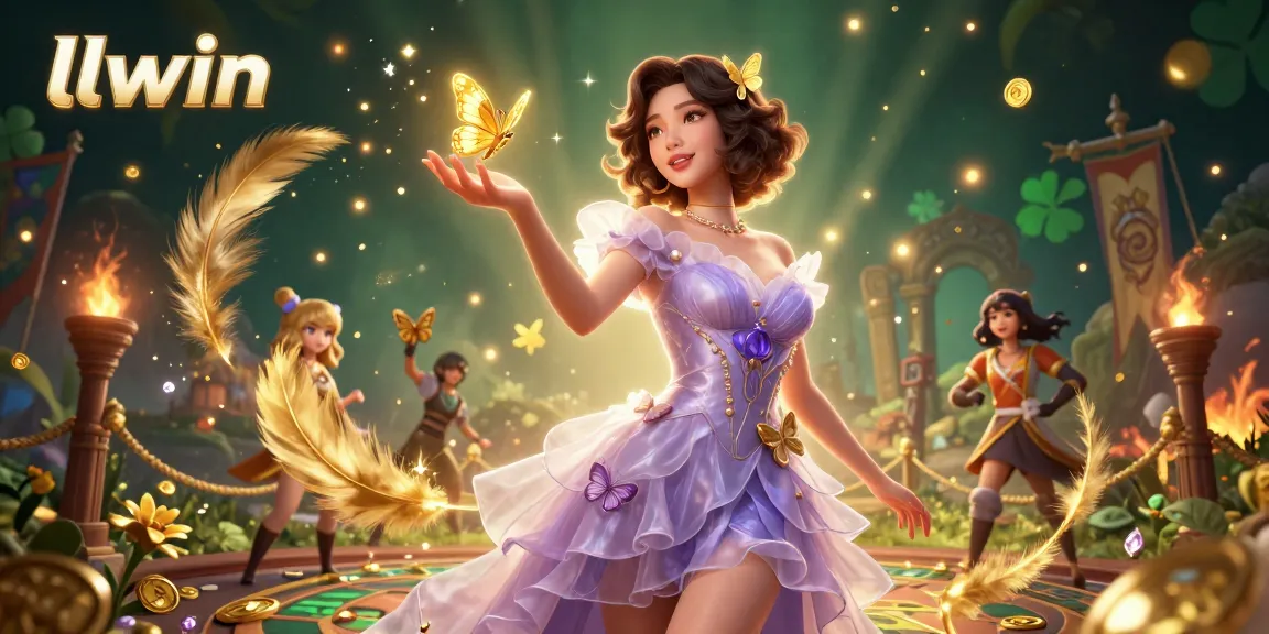 Experience thrilling wins with llwin's dynamic casino adventure illustration featuring golden butterflies and game elements.
