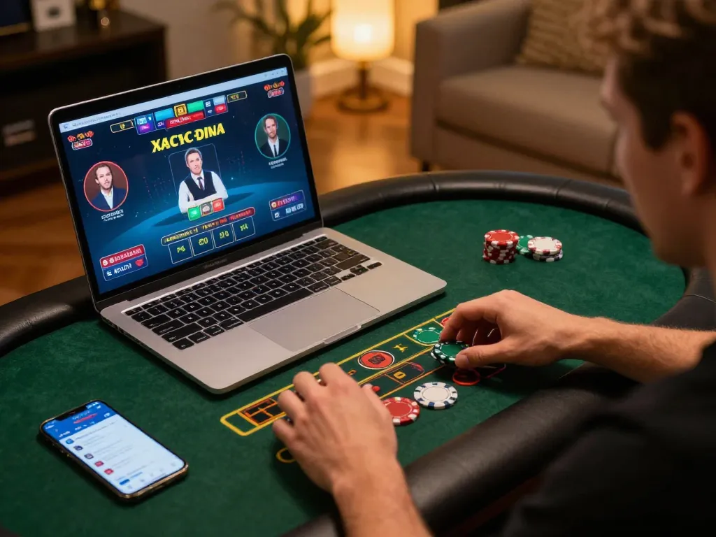 Xóc đĩa online gameplay on a laptop highlights strategic betting decisions, intense player emotions.