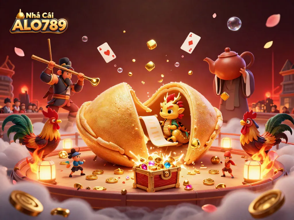 Experience high stakes at Nhà Cái ALO789's cockfighting arena, vibrant with gold coins.