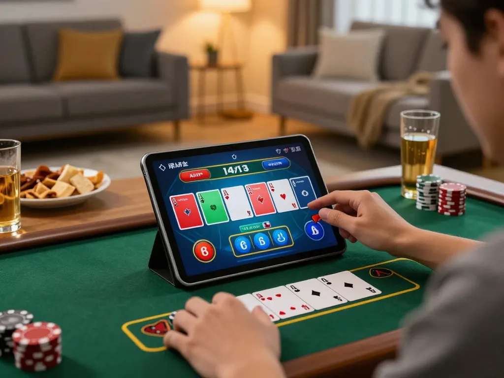 Engaging in a strategic blackjack game at vt88 with a cozy home setup and snacks nearby.