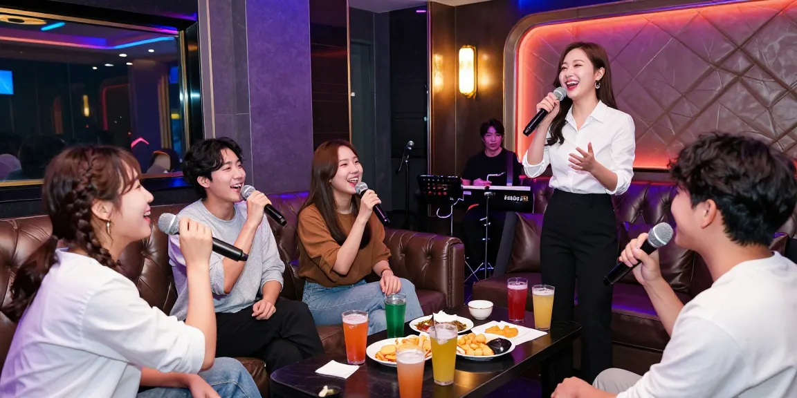 Friends enjoying a lively night at 인천쓰리노 karaoke venue, surrounded by vibrant decor and cheerful atmosphere.