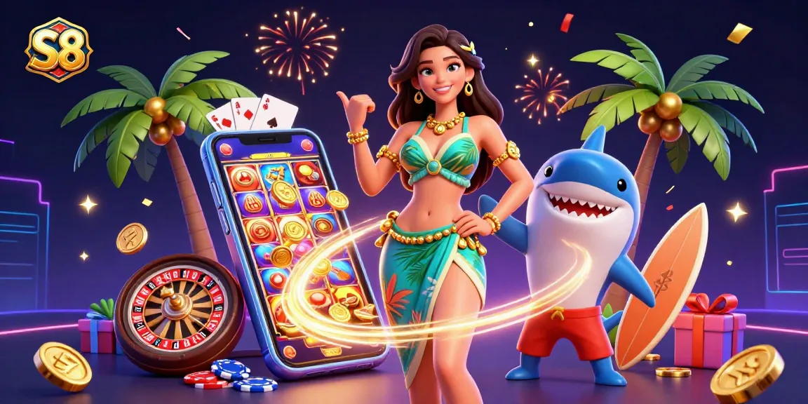 S8 offers thrilling slot games showcased by a glamorous woman and a charming shark in a festive casino scene.