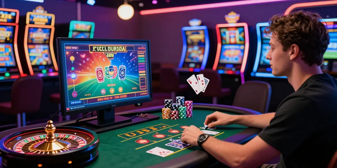 Casino en ligne retrait instantané représentant un joueur à un jeu de croupier en direct engageant, entouré de jetons de poker vibrants et de lumières néon.