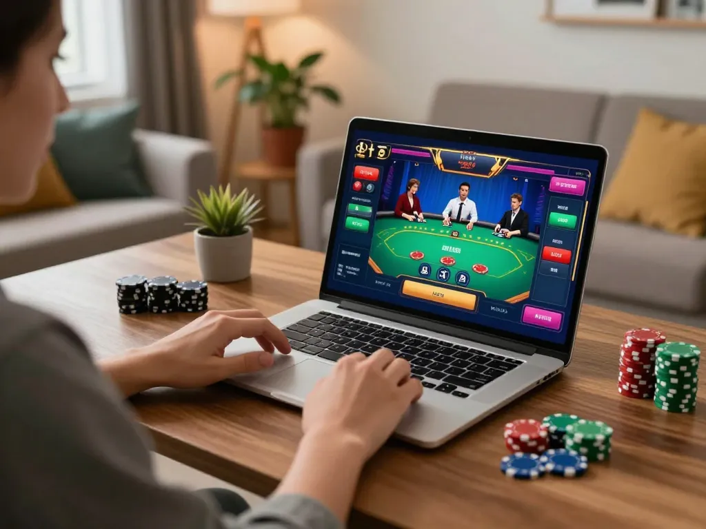 Engaging in online poker at SC88 with vibrant screen and cozy gaming setup.