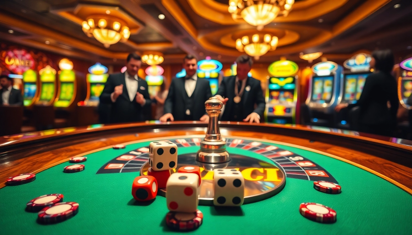 Excited gamblers place bets at the luxurious 8day casino roulette table with vibrant slot machines in the background.