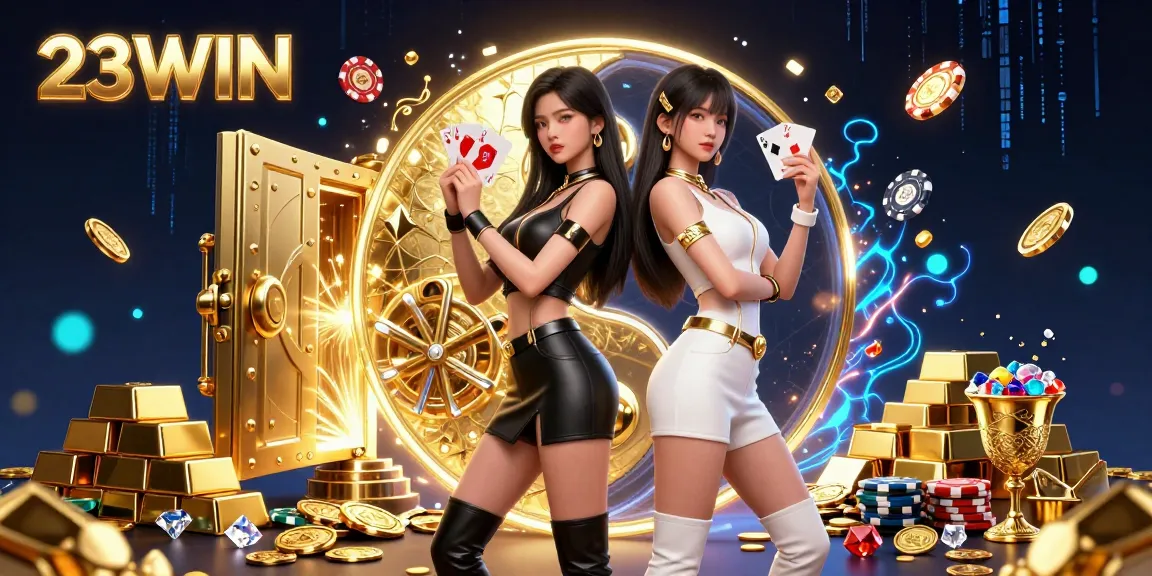 Experience the vibrant energy of 23WIN with stunning twin Asian women showcasing their skills in a dazzling casino setting.