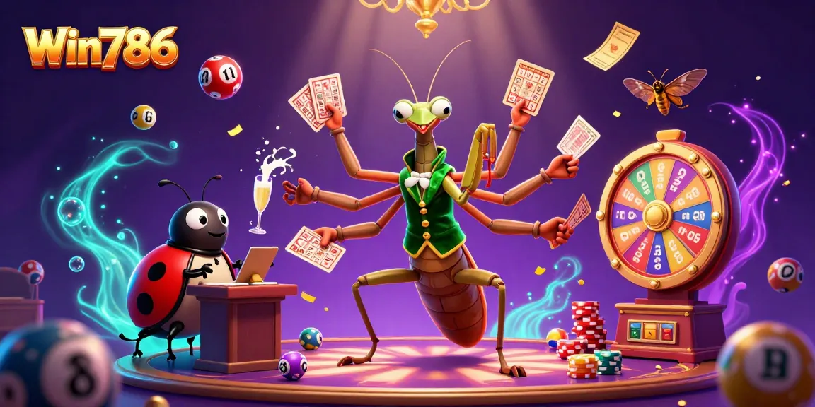 Win786 showcases a vibrant casino scene with a giant praying mantis dealer, lottery balls, and lottery machine bursting with excitement.